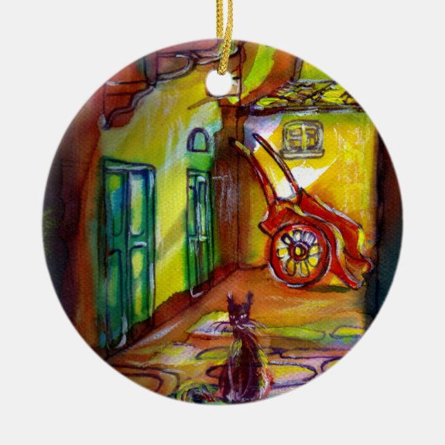 ORNEMENT EN CÉRAMIQUE ALLÉE MÉDIÉVALE DE NUIT À FLORENCE AVEC CHAT NOIR (Devant)