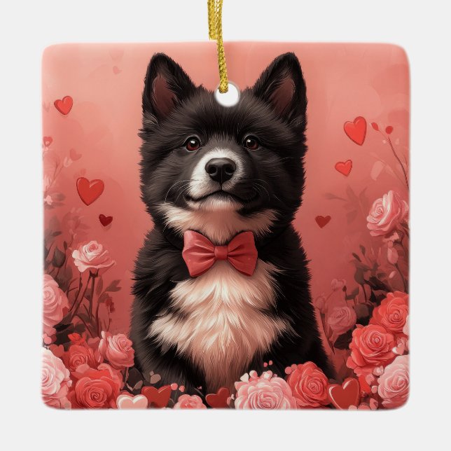Ornement En Céramique American Akita avec Rose - Saint Valentin (Devant)