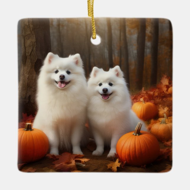 Ornement En Céramique American Eskimo Chiot Automne Citrouille délice (Devant)