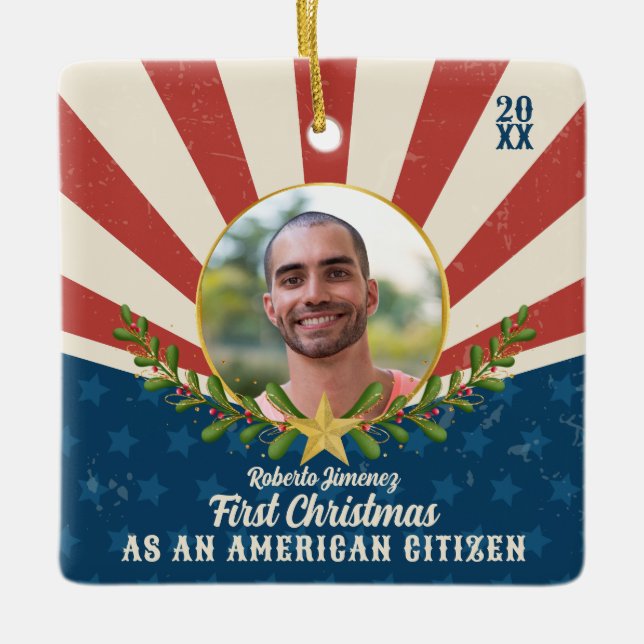 Ornement En Céramique Americana First Christmas US Citoyenneté Cadeau (Devant)