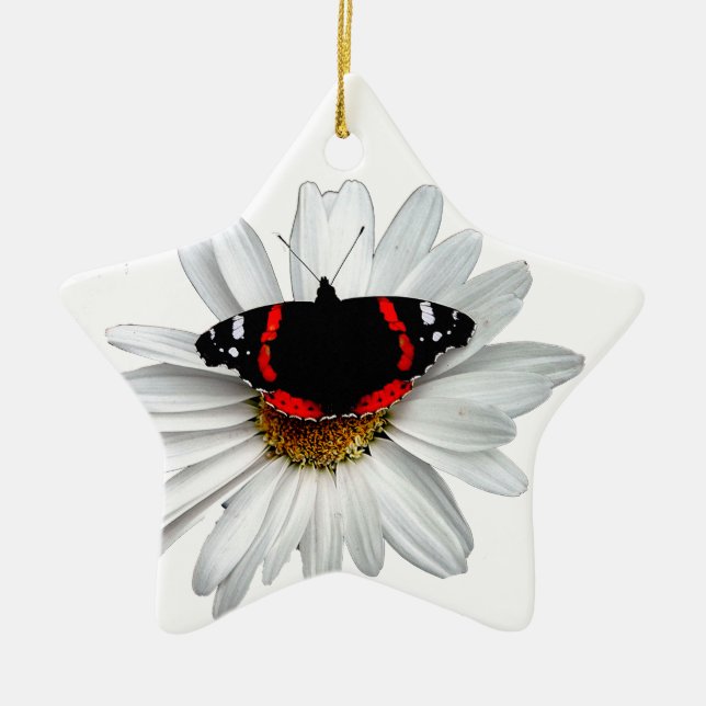 Ornement En Céramique Amiral rouge papillon sur la fleur (Devant)