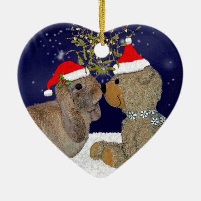 Ornement En Céramique Amour de lapin à l'ornement de Noël (Devant)