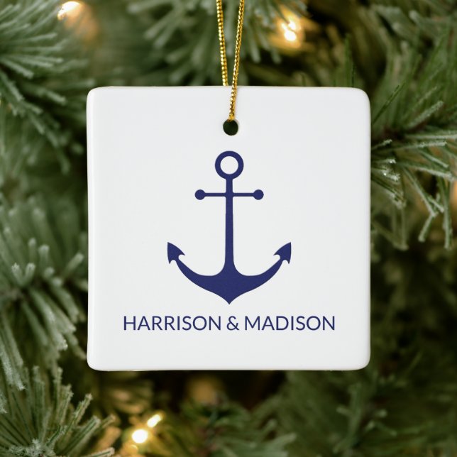 Ornement En Céramique Ancrage nautique bleu marine noms personnalisés bl (Arbre)