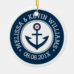 Ornement En Céramique Ancre de bateau nautique Mariage bleu marine et bl