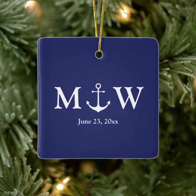 Ornement En Céramique ancre nautique mariage marine bleu et blanc monogr (Arbre)