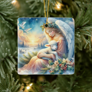 Ornement En Céramique Ange de Noël avec agneau dans la paix hivernale
