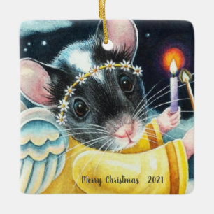 Ornement En Céramique Ange de Noël Souris et bougie aquarelle Art