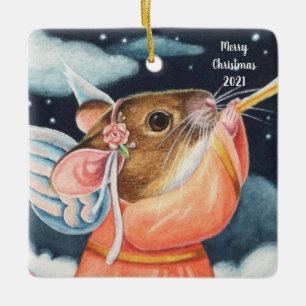 Ornement En Céramique Ange de Noël Souris et trompette Aquarelle Art