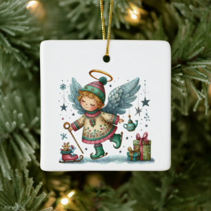 Ornement En Céramique Ange de Noël Whimsical sur patins sur glace