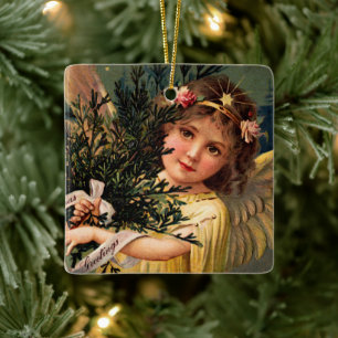Ornement En Céramique Angel avec une Armful of Christmas Greenery