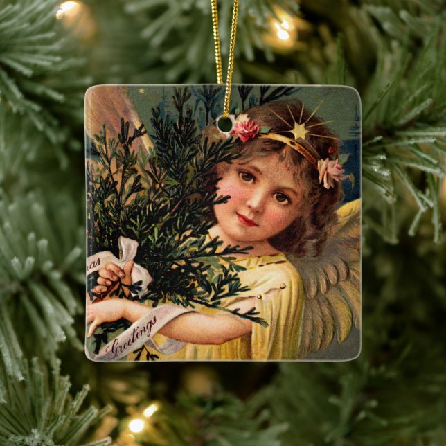 Ornement En Céramique Angel avec une Armful of Christmas Greenery (Arbre)