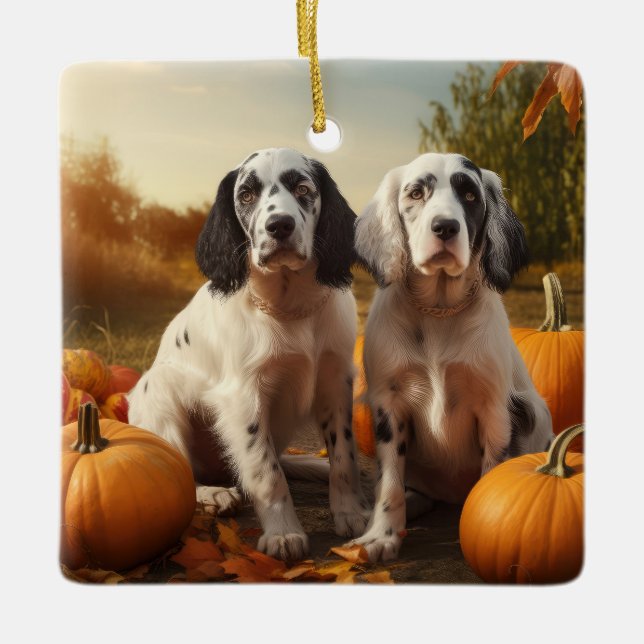 Ornement En Céramique Anglais Setter Puppy Automne Citrouille de plaisir (Devant)