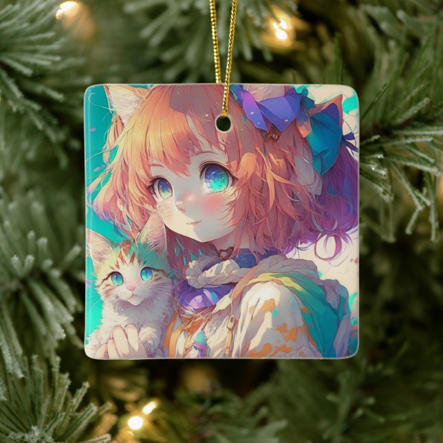 Ornement En Céramique Anime Girl Holding an Adorable Kitten (Arbre)
