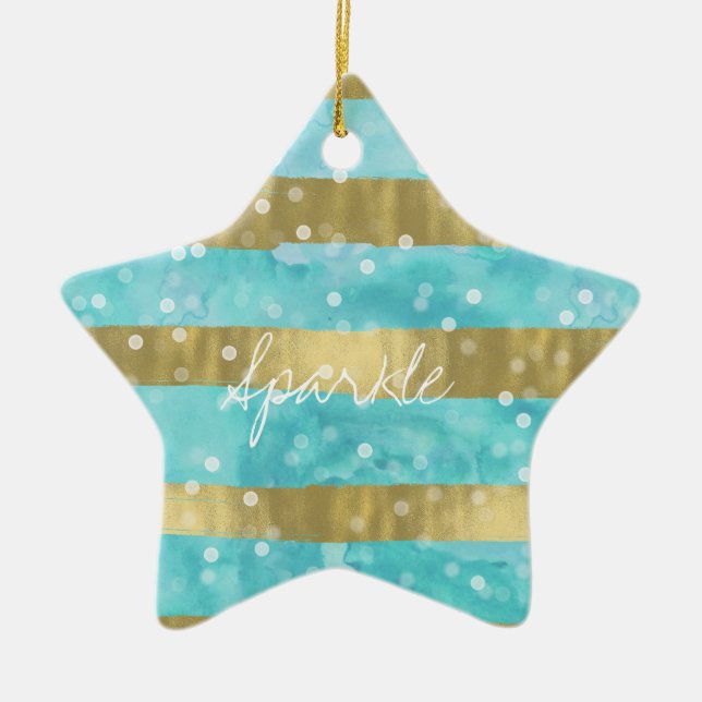 Ornement En Céramique Aqua Watercolor Gold Stripes Bokeh Sparkle (Devant)