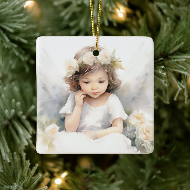 Ornement En Céramique Aquarelle Angel fille avec fleurs (Arbre)