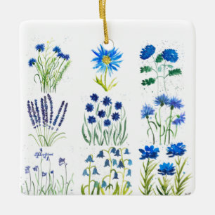 Ornement En Céramique Aquarelle Blue Flowers Collection Chic Rustique