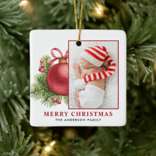 Ornement En Céramique Aquarelle Boule Rouge Bauble Photo Noël