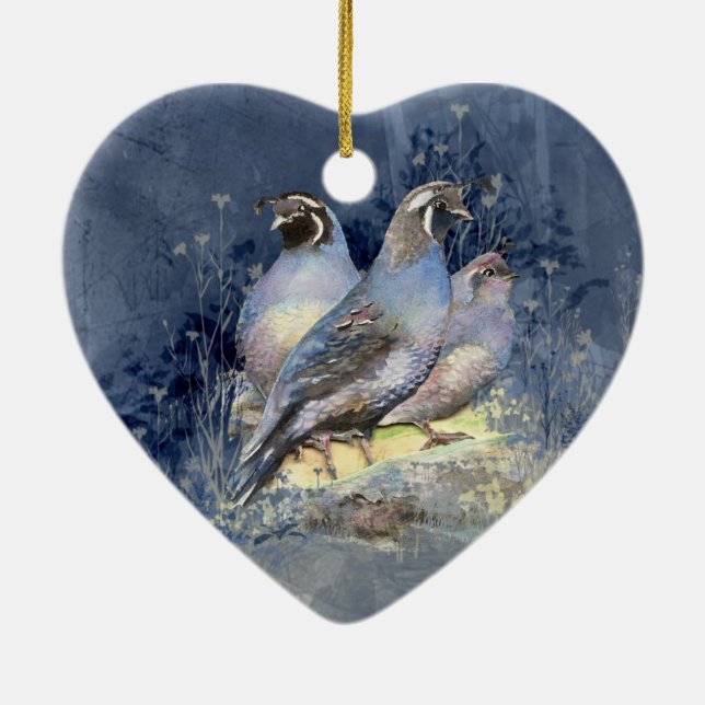 Ornement En Céramique Aquarelle California Quail Bird en bleu (Dos)