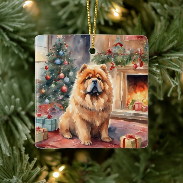 Ornement En Céramique Aquarelle Chow Chow - Scène de Noël (Arbre)