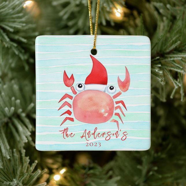 Ornement En Céramique Aquarelle Crabe rouge Santa Hat Beach Noël (Arbre)
