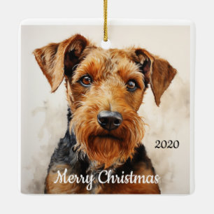 Ornement En Céramique Aquarelle de Noël personnalisée Airedale Terrier