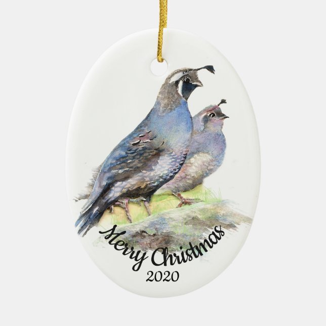 Ornement En Céramique Aquarelle de Noël personnalisée Californie Quail (Devant)