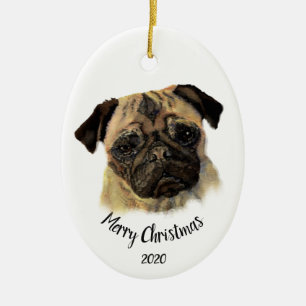 Ornement En Céramique Aquarelle de Noël personnalisée Carlin chien anima