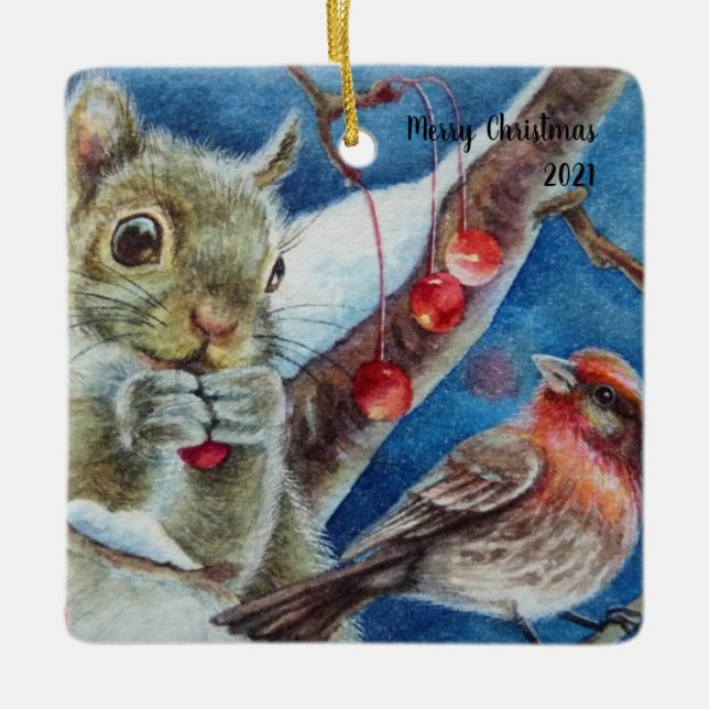 Ornement En Céramique Aquarelle d'hiver Oiseaux Finds Berries Aquarelle  (Devant)
