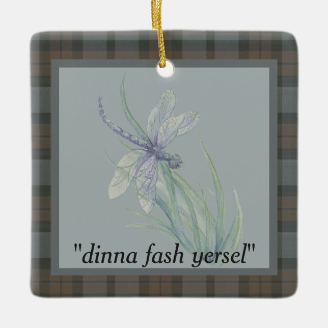 Ornement En Céramique Aquarelle Dragonfly Fraser Clan Tartan gris bleu (Devant)