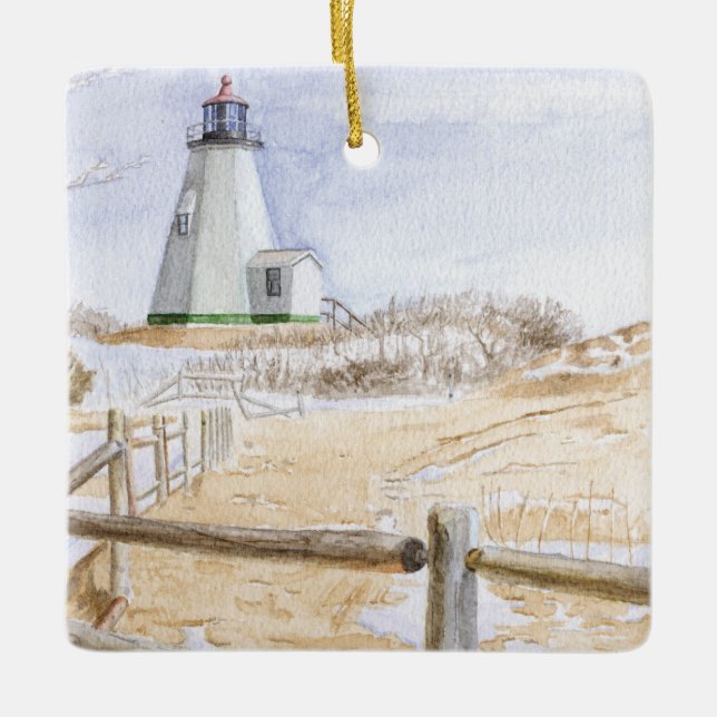 Ornement En Céramique Aquarelle du phare de Plymouth (Devant)