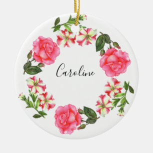 Ornement En Céramique Aquarelle Fleurs roses Cercle de couronne