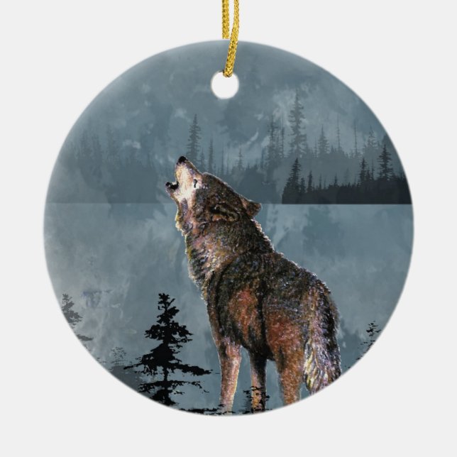 Ornement En Céramique Aquarelle Lonely Wolf Howling à travers le lac (Devant)
