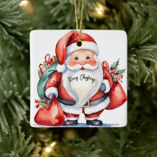Ornement En Céramique Aquarelle mignonne Santa Claus avec sacs cadeau ro