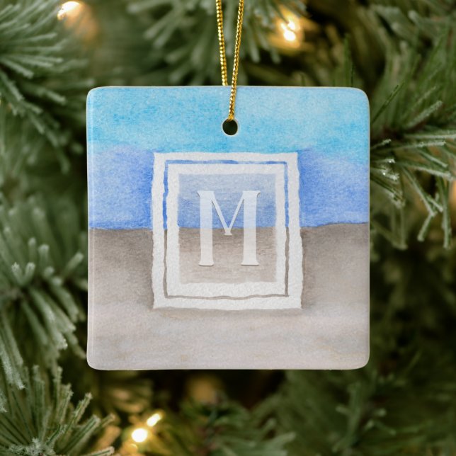 Ornement En Céramique Aquarelle Monogramme mer et sable bleu et bronze (Arbre)