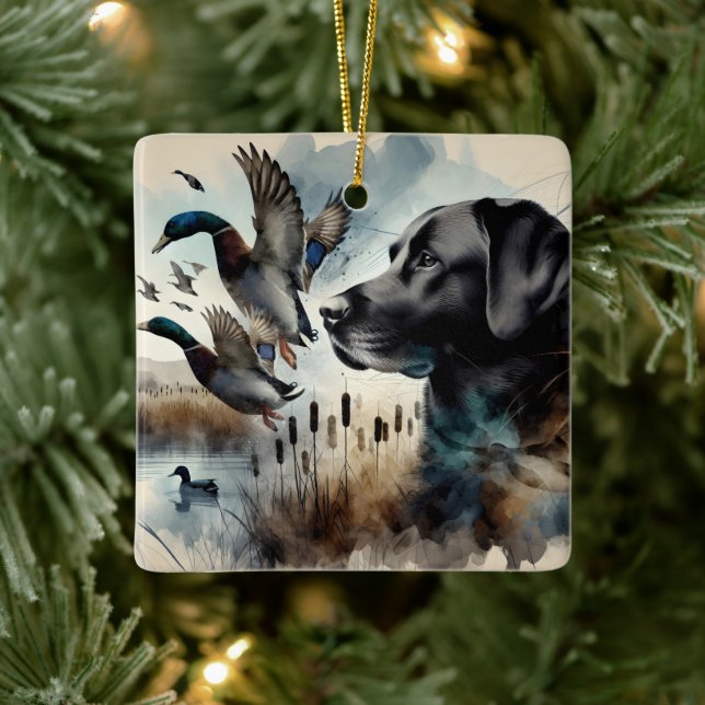 Ornement En Céramique Aquarelle Noir Labrador Et Canards (Arbre)