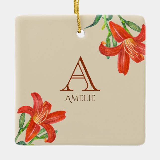 Ornement En Céramique Aquarelle Orange Lily Botanographie Monogramme (Devant)