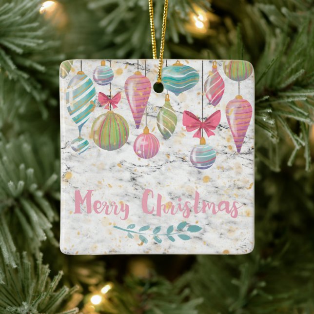Ornement En Céramique Aquarelle Pastel Joyeux Noël Sur Marbre (Arbre)