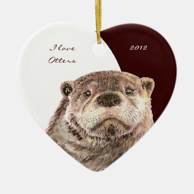 Ornement En Céramique Aquarelle personnalisée "I love Otters" animal (Devant)