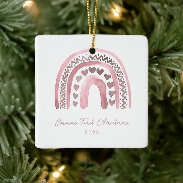 Ornement En Céramique Aquarelle rose Boho Arc-en-ciel Premier Noël (Arbre)