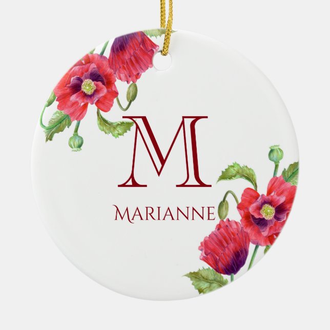 Ornement En Céramique Aquarelle Rouge Poppies Floral Art Monogramme (Devant)