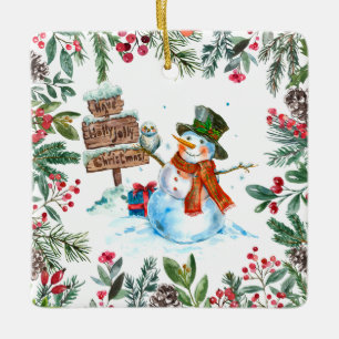 Ornement En Céramique Aquarelle Snowman Joyeux Noël