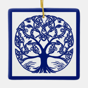 Ornement En Céramique Arbre à noeuds celtique bleu sur blanc