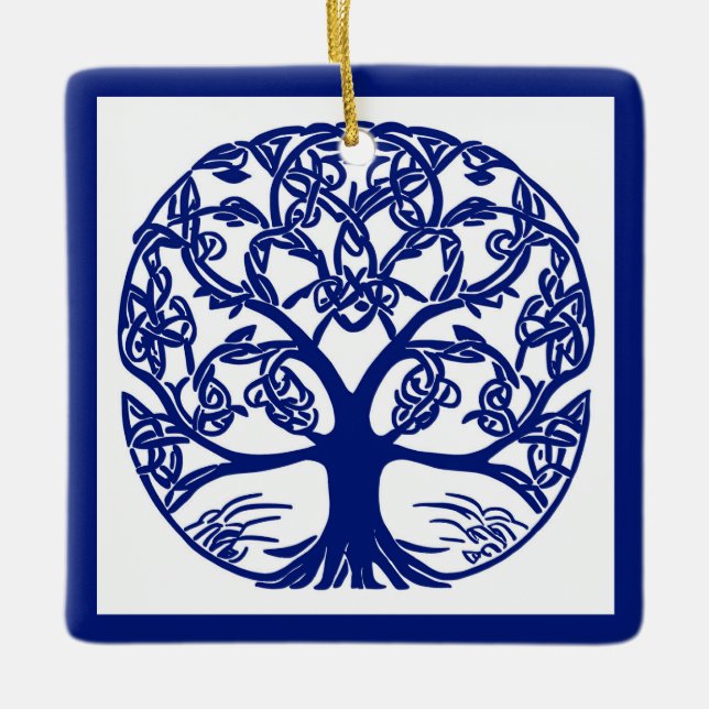 Ornement En Céramique Arbre à noeuds celtique bleu sur blanc (Devant)