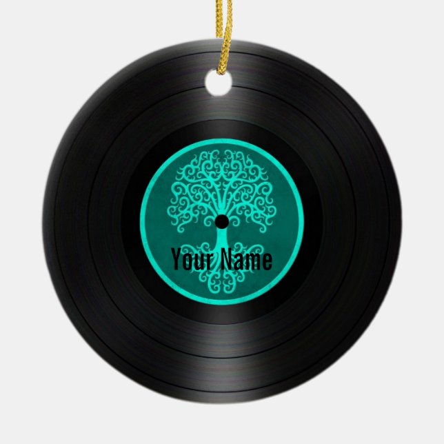Ornement En Céramique Arbre bleu turquoise de disque vinyle personnalisé (Devant)