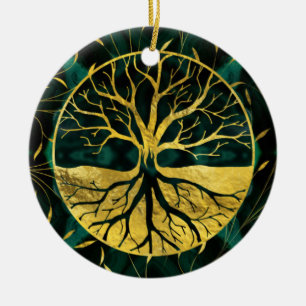Ornement En Céramique Arbre de la vie d'or Yggdrasil sur la malachite