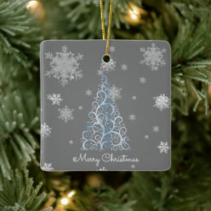 Ornement En Céramique Arbre de Noël bleu et flocons de neige