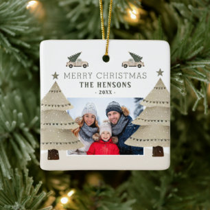 Ornement En Céramique Arbre de Noël Camion Famille Photo Vacances
