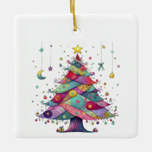 Ornement En Céramique Arbre de Noël Fantaisiste et Farfelu, Couleurs Viv