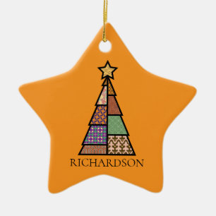 Ornement En Céramique Arbre de Noël patchwork avec monogramme