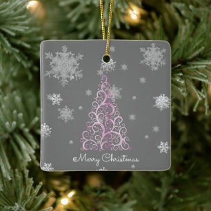 Ornement En Céramique Arbre de Noël rose et flocons de neige